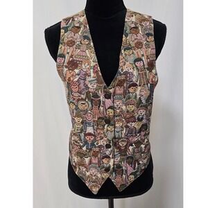 Vtg Nadia tapestry vest women L Folk Art people multicolor Cottagecore retro